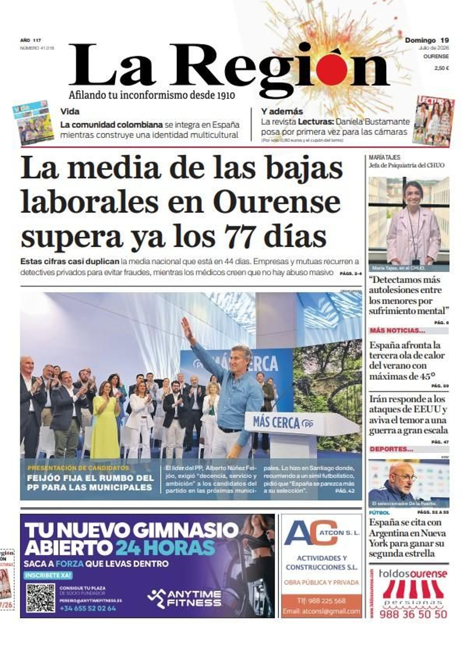 La portada de La Región de este domingo, 19 de julio.