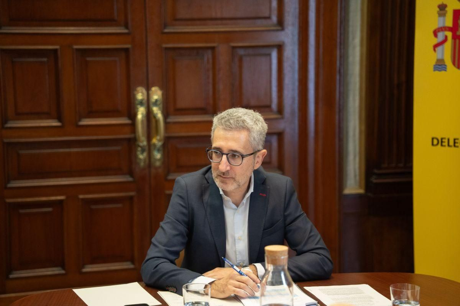 Arcadi España, durante una reunión con sindidatos en Baleares.