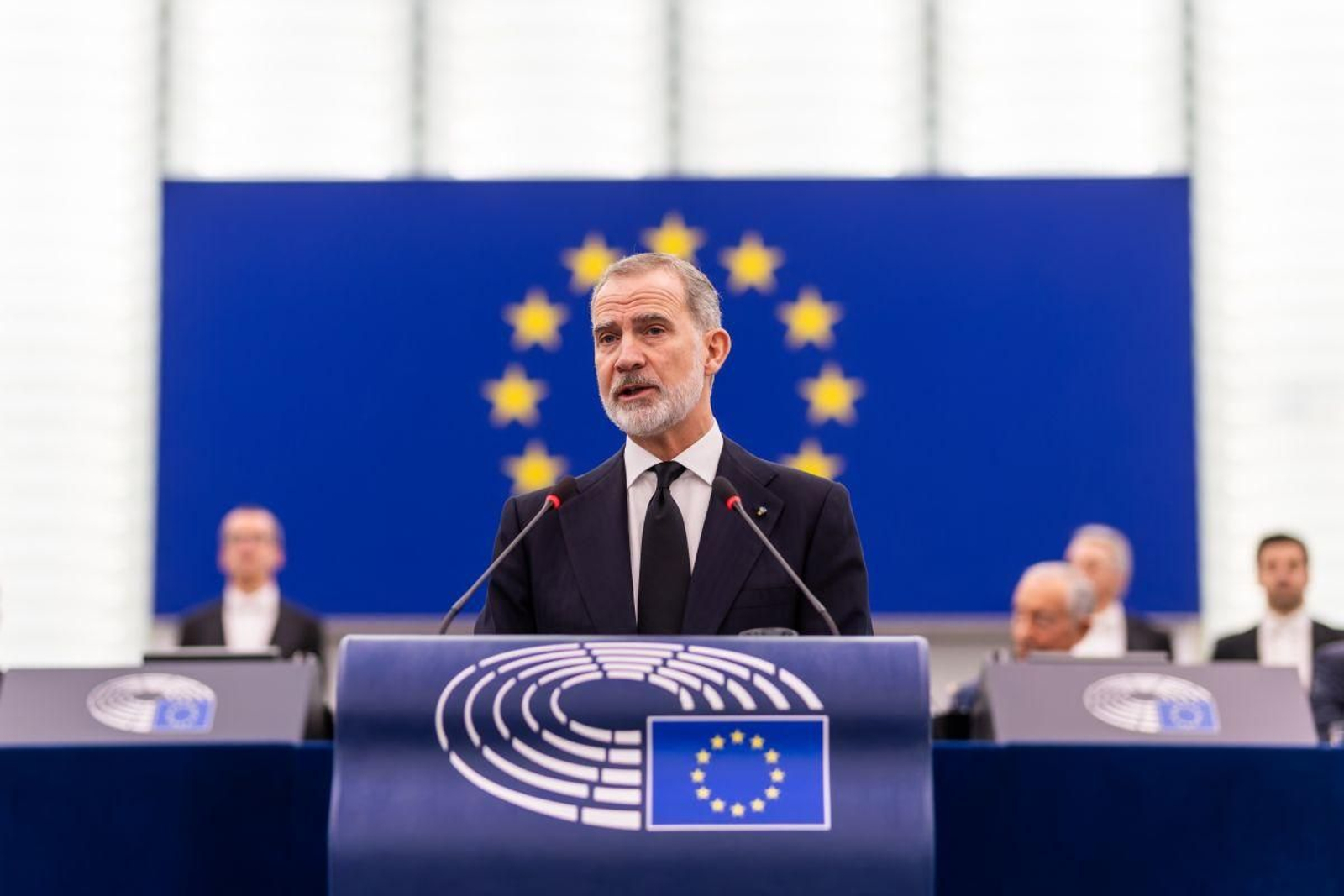 El rey Felipe VI interviene durante el pleno del Parlamento Europeo en Estrasburgo.