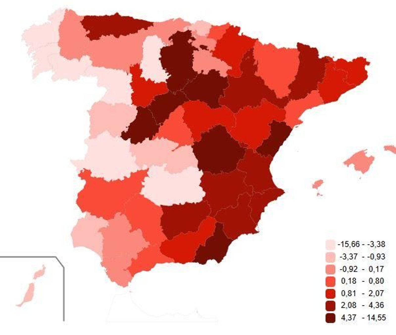 Nacimientos por colores: en claro, donde están en recesión, con toda Galicia incluida