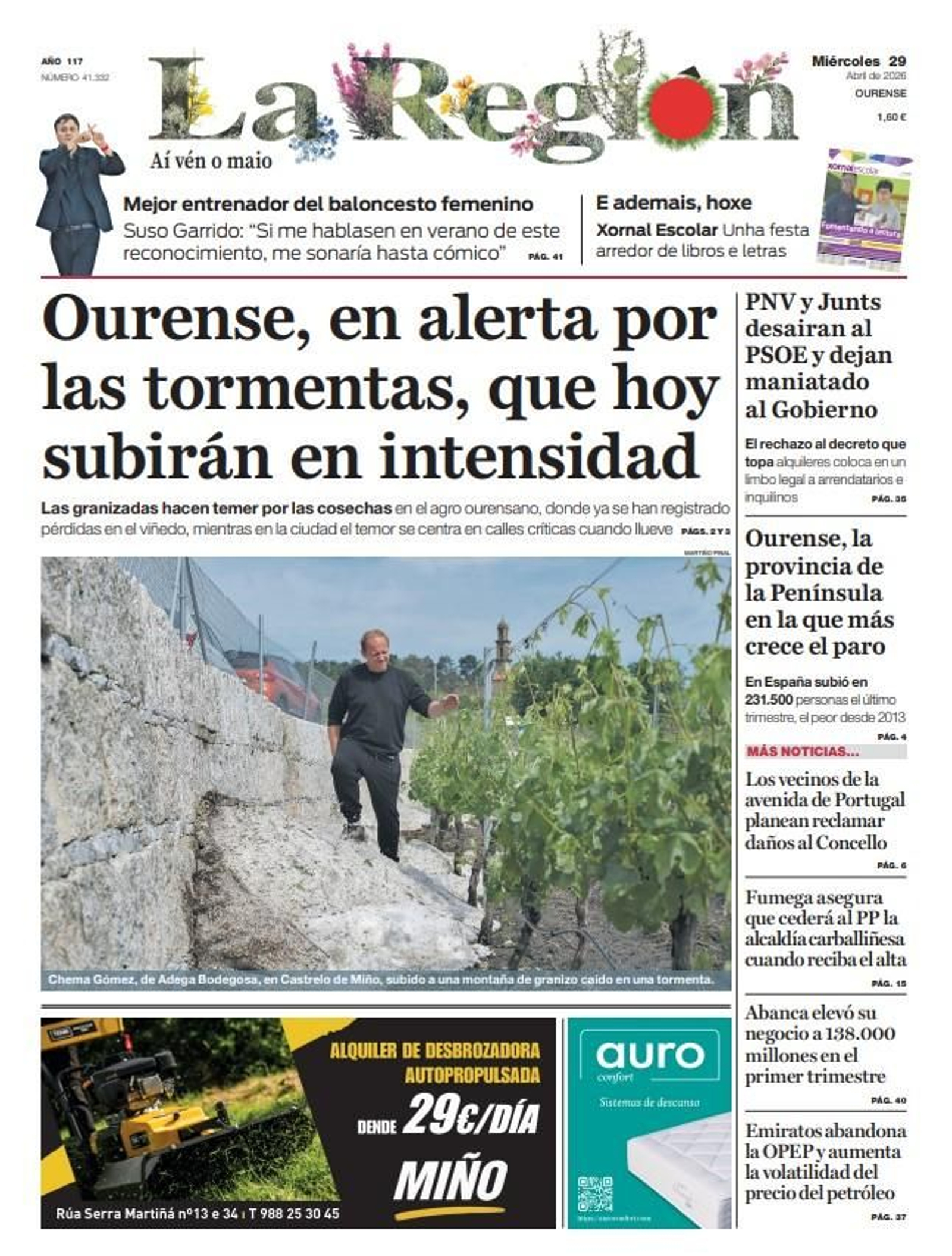 La portada de La Región de este miércoles, 29 de abril.