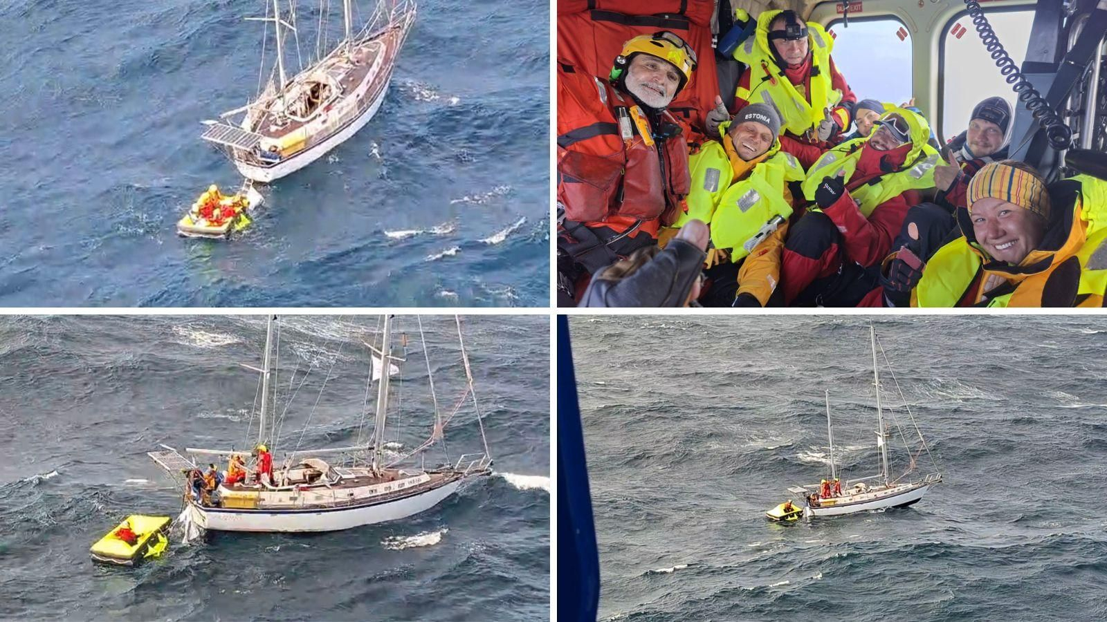 El helicóptero Pesca 1 durante la evacuación de los seis tripulantes de un velero con bandera estonia a 155 millas de la costa de Galicia.