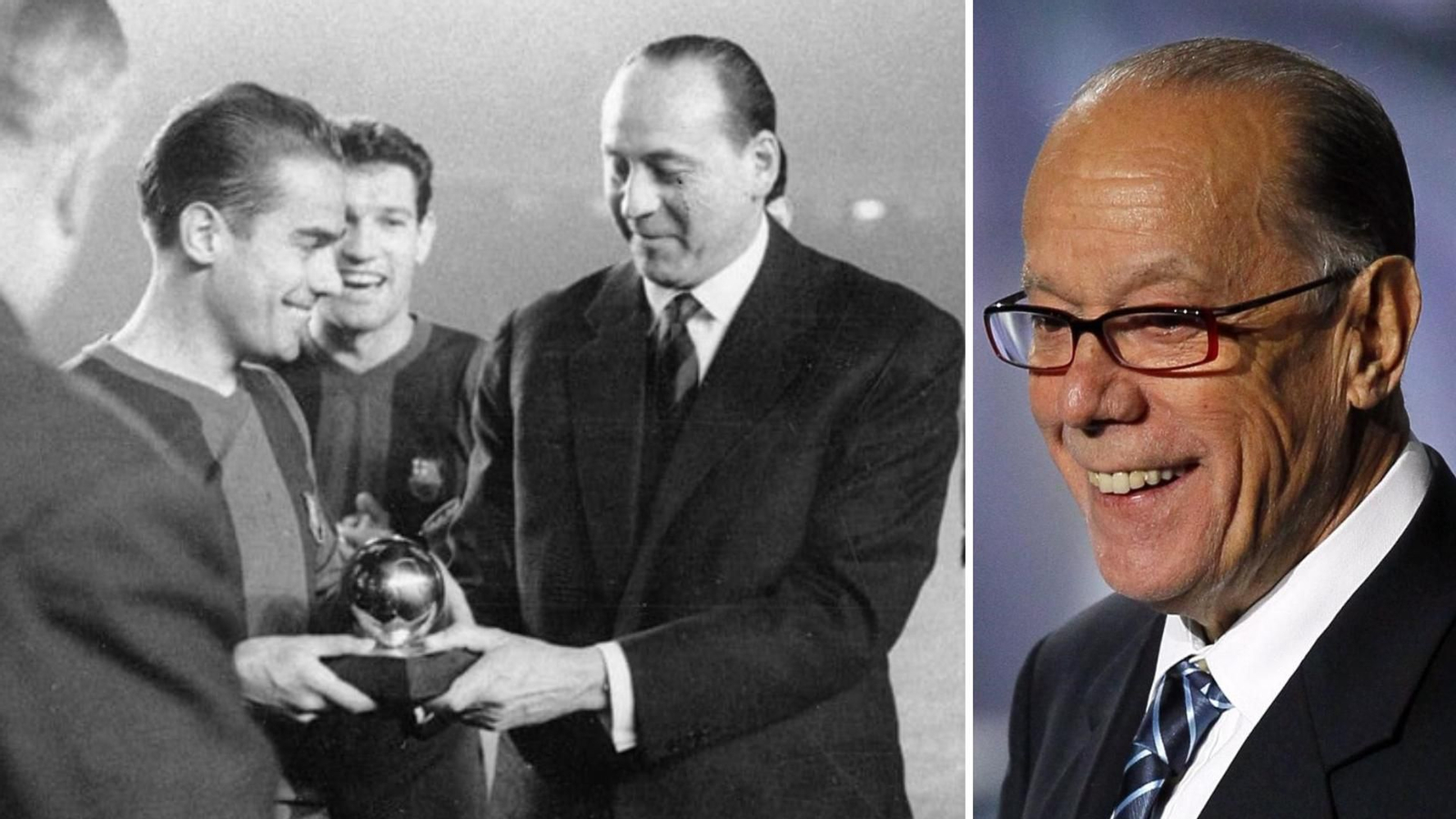 Luis Suárez recibe el Balón de Oro en 1960. A la derecha, en una imagen más reciente. // EFE