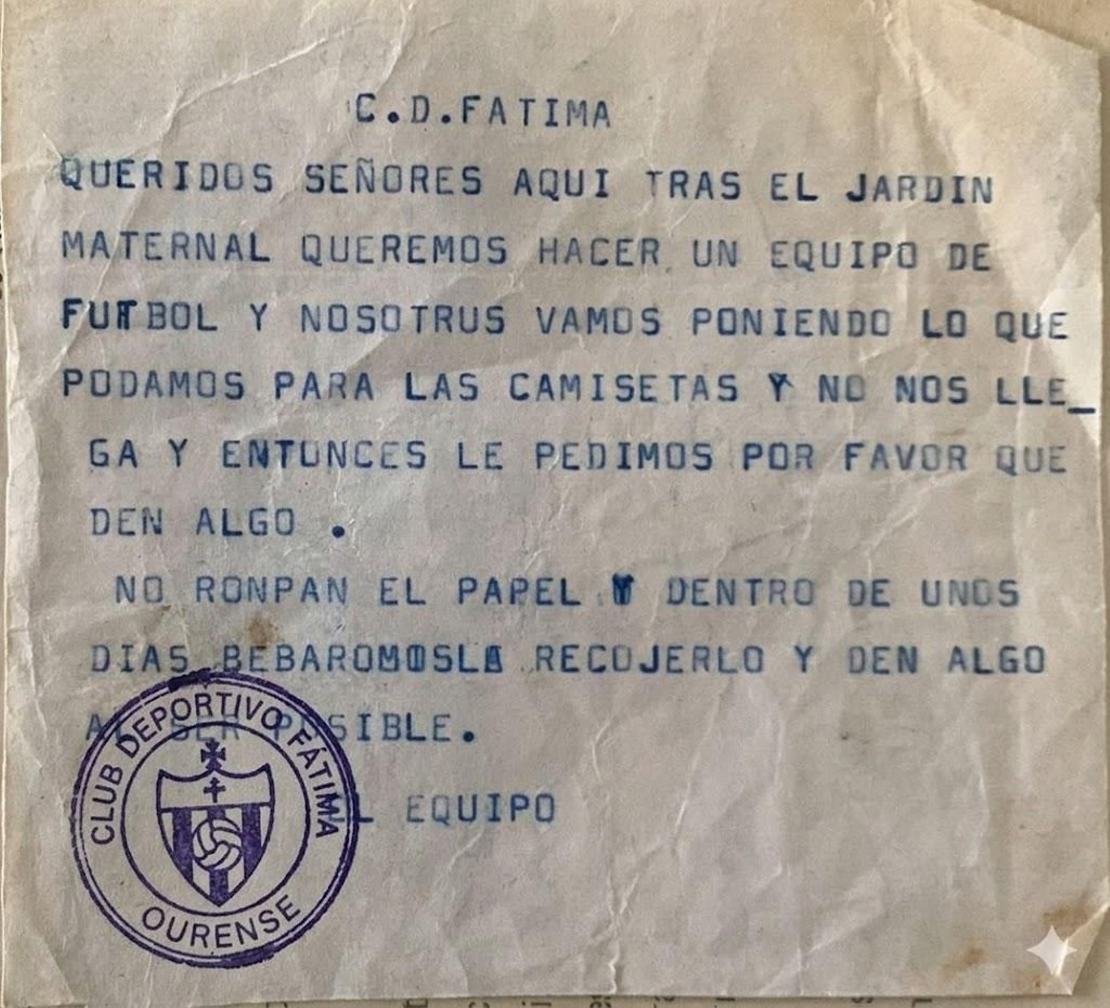 El “documento” para pedir ayudas para el club de fútbol.