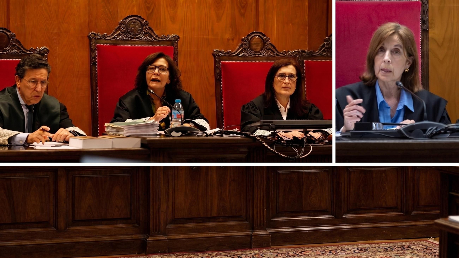Los magistrados de la sección segunda de la Audiencia Provincial, Manuel Cid Manzano, María del Carmen Blanco Arce y María de Los Ángeles Lamas (durante un juicio), y Amparo Lomo Del Olmo (arriba a la derecha), en otra sesión.