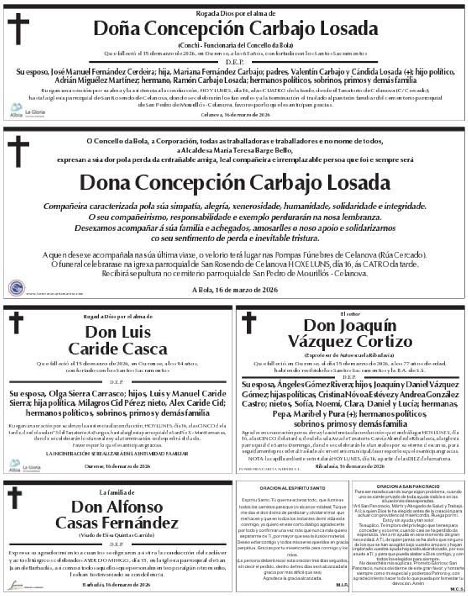 Esquelas del lunes 16 de marzo.