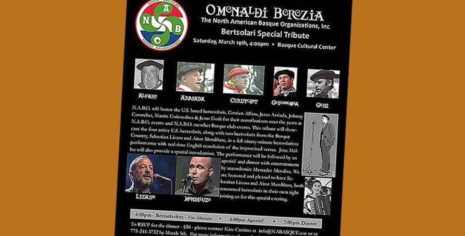 Cartel del Homenaje a los bertsolaris vascos de Estados Unidos que debía celebrarse este sábado en San Francisco, California