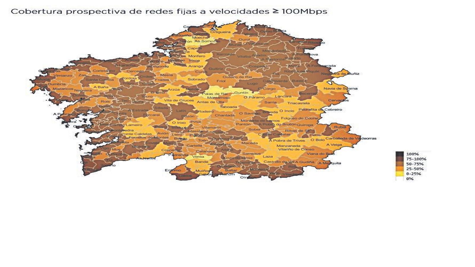 Hogares con cobertura de internet de más de 100 megas en los concellos de Galicia en 2023
