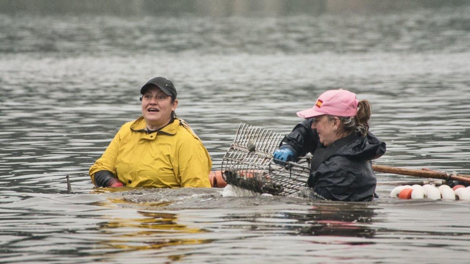 Mariscadoras de la Cofradía de Arcade trabajando ayer en la zona de O Cunchido, junto a Vilaboa.