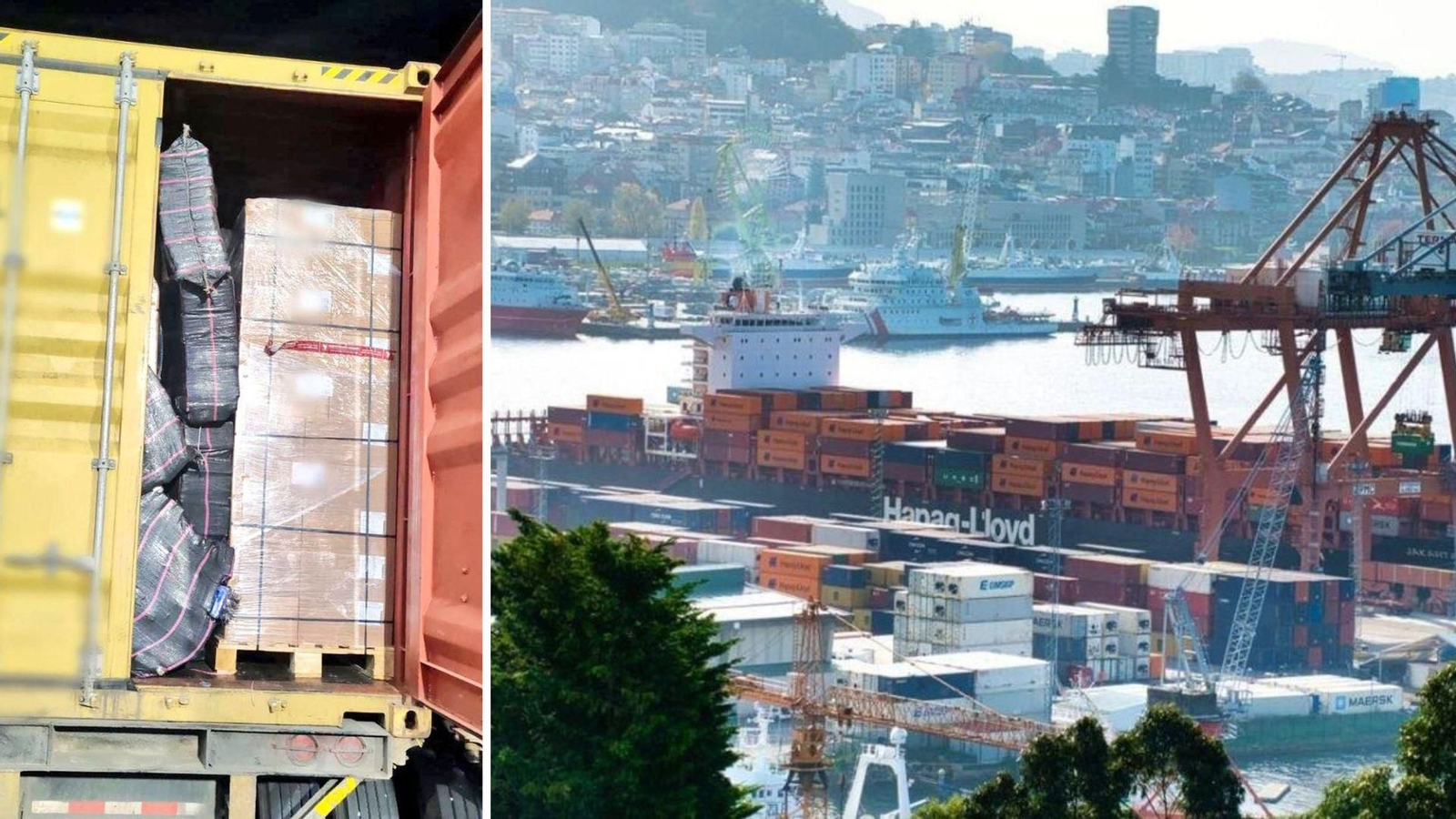 El contenedor con droga interceptado en Ecuador con destino a Vigo hace una semana. A la derecha, un buque de la naviera de la ruta en Guixar.
