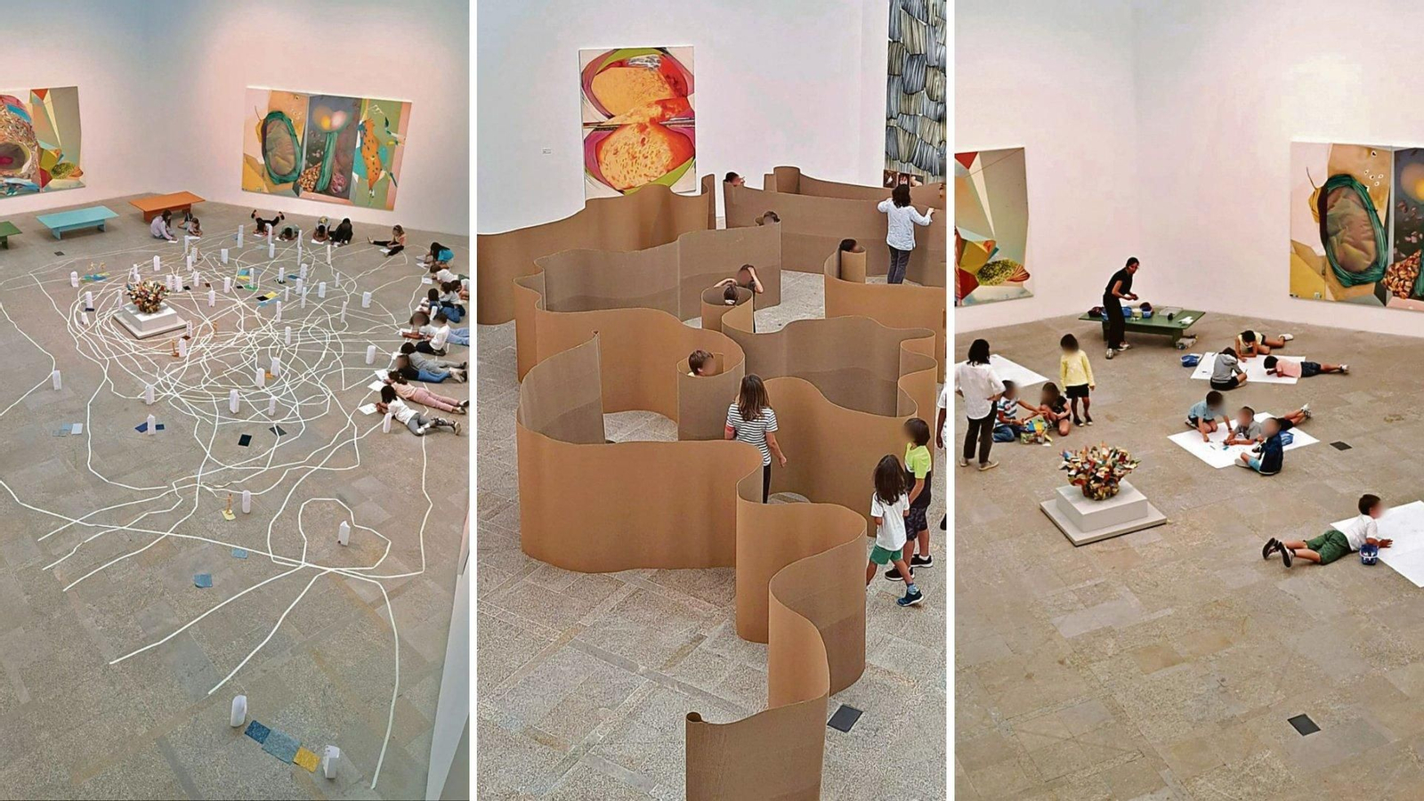 El suelo de una de las salas ocupadas por Verbis acogió el taller por el que los niños elaboraron el alzado del Marco.