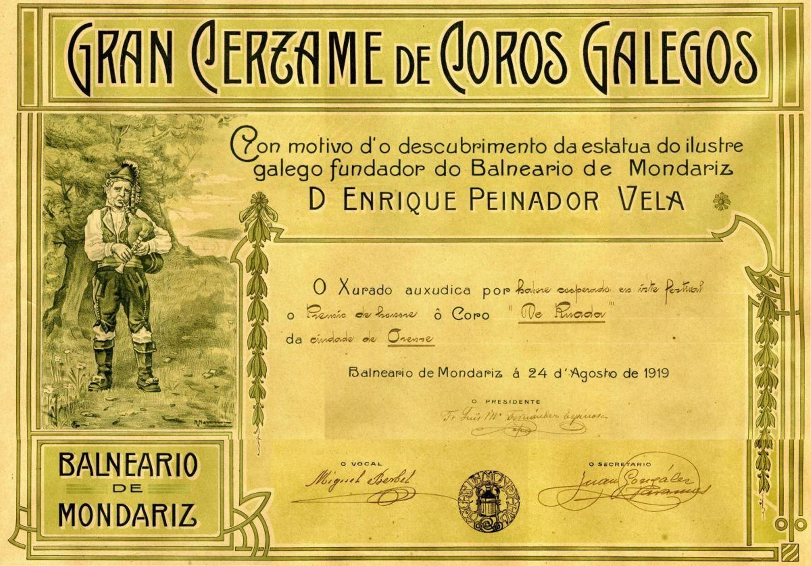 O primeiro recoñecemento ao Coro De Ruada foi o Premio de Honra no Gran Certame de Coros Galegos celebrado no mes de agosto de 1919 en Mondariz, cando soamente había dous meses que se presentara en Ourense.