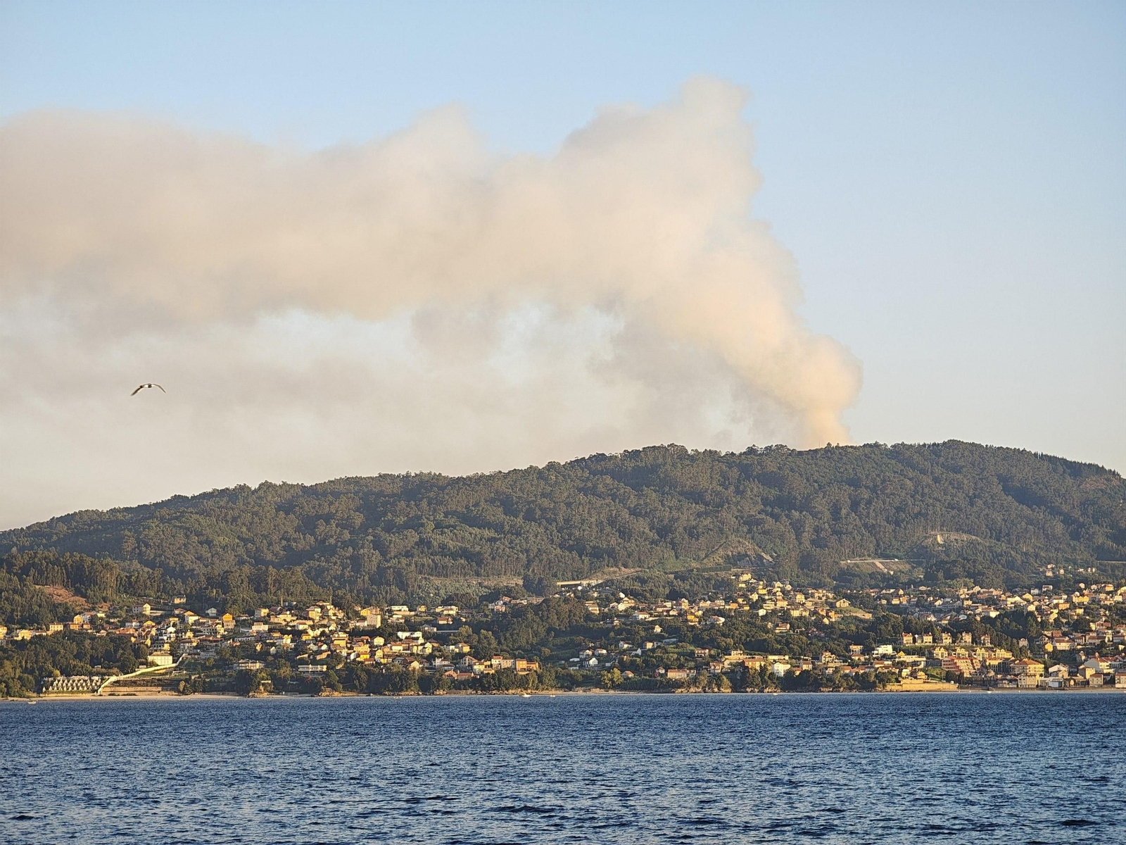 Columna de humo del incendio en Bueu, visible desde Vigo.