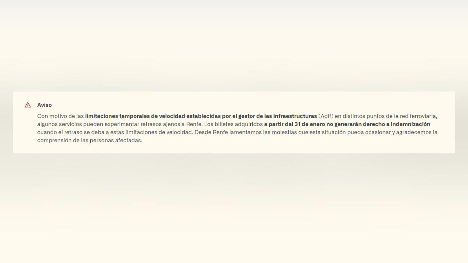 Aviso de Renfe en su web con respecto a las indemizaciones.