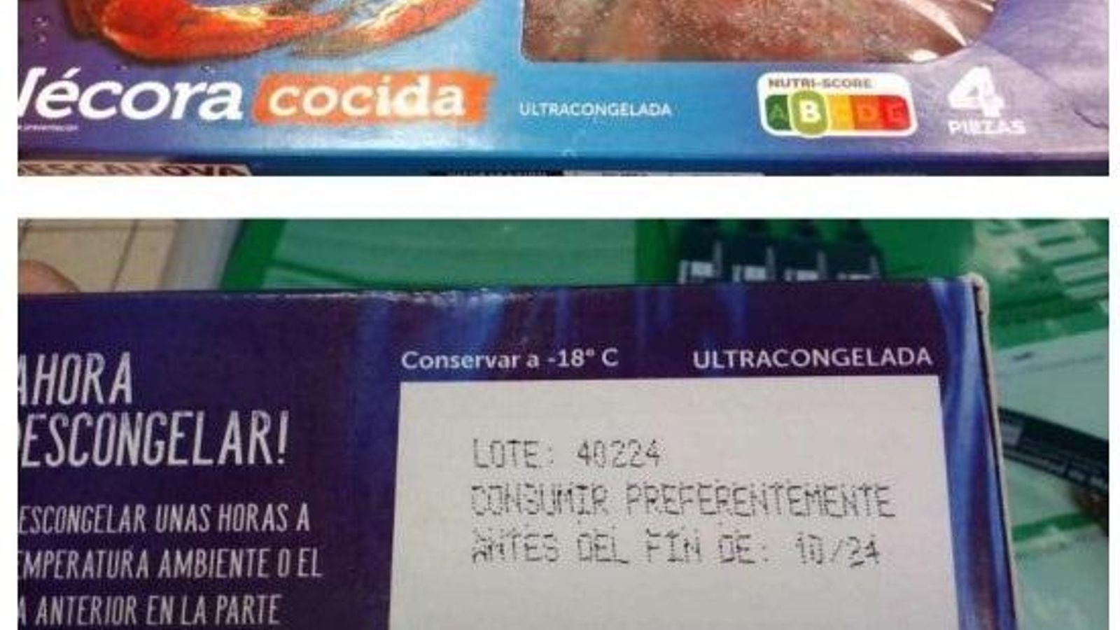 El lote de nécora de Pescanova que retira del mercado.