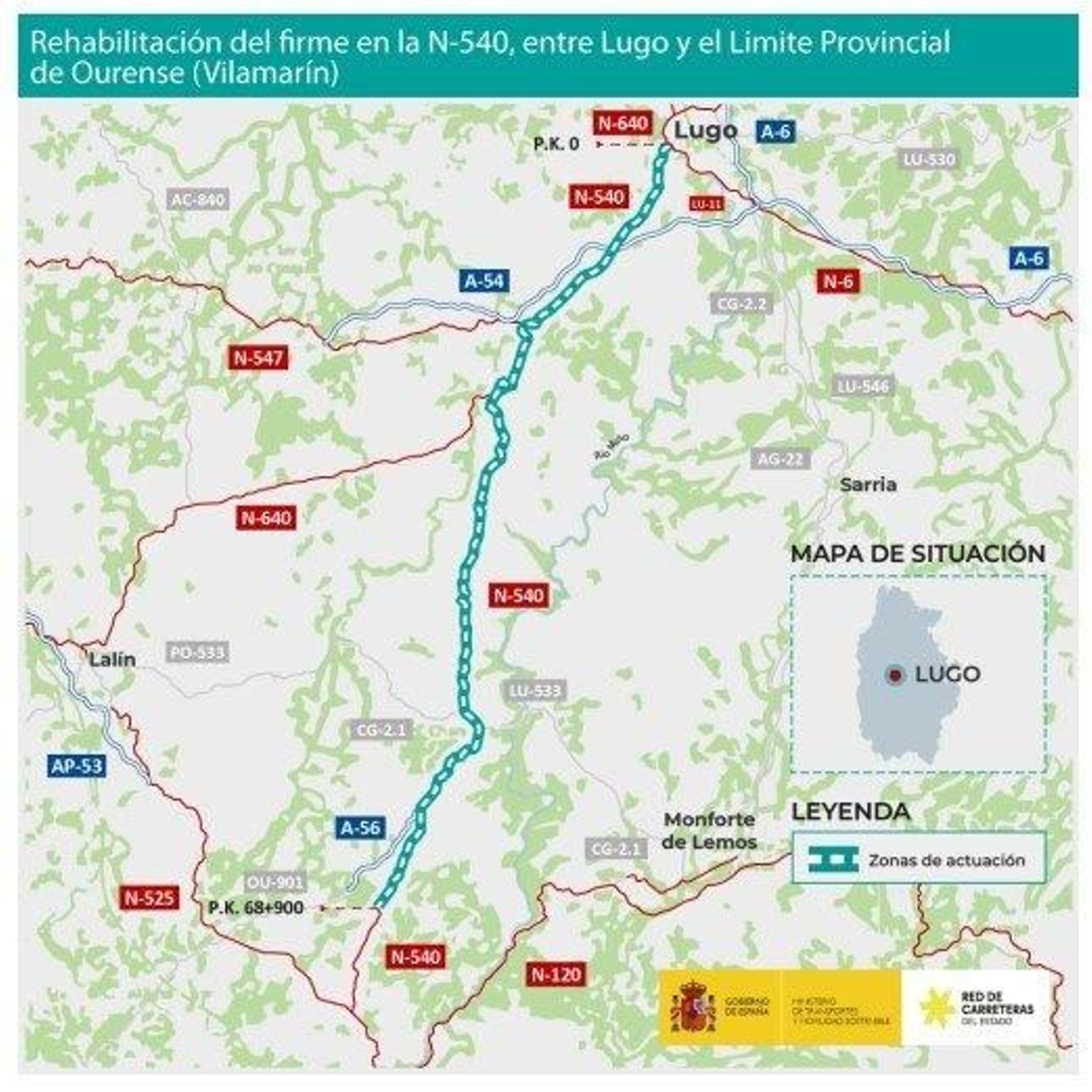 Transportes invierte 11 millones para rehabilitar el firme de la carretera entre Lugo y Vilamarín.