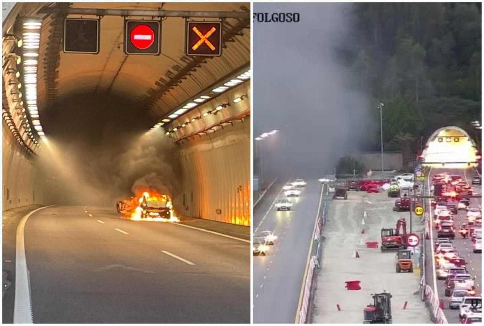 El coche incendiado y las largas colas en la A-52.