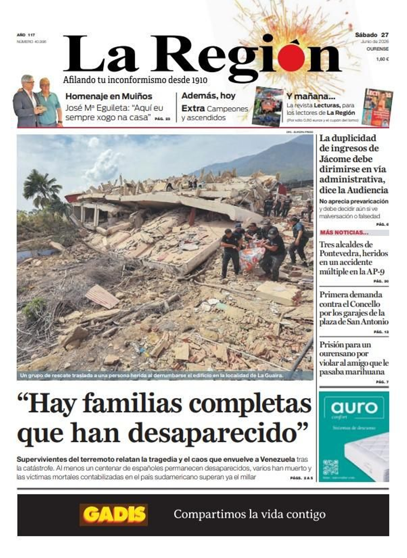 La portada de La Región de este sábado, 27 de junio.