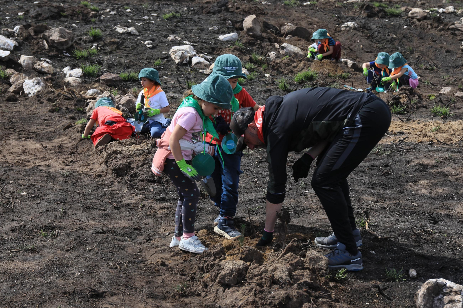 Galería | Numerosos niños reforestan A Caridade tras los incendios del pasado agosto