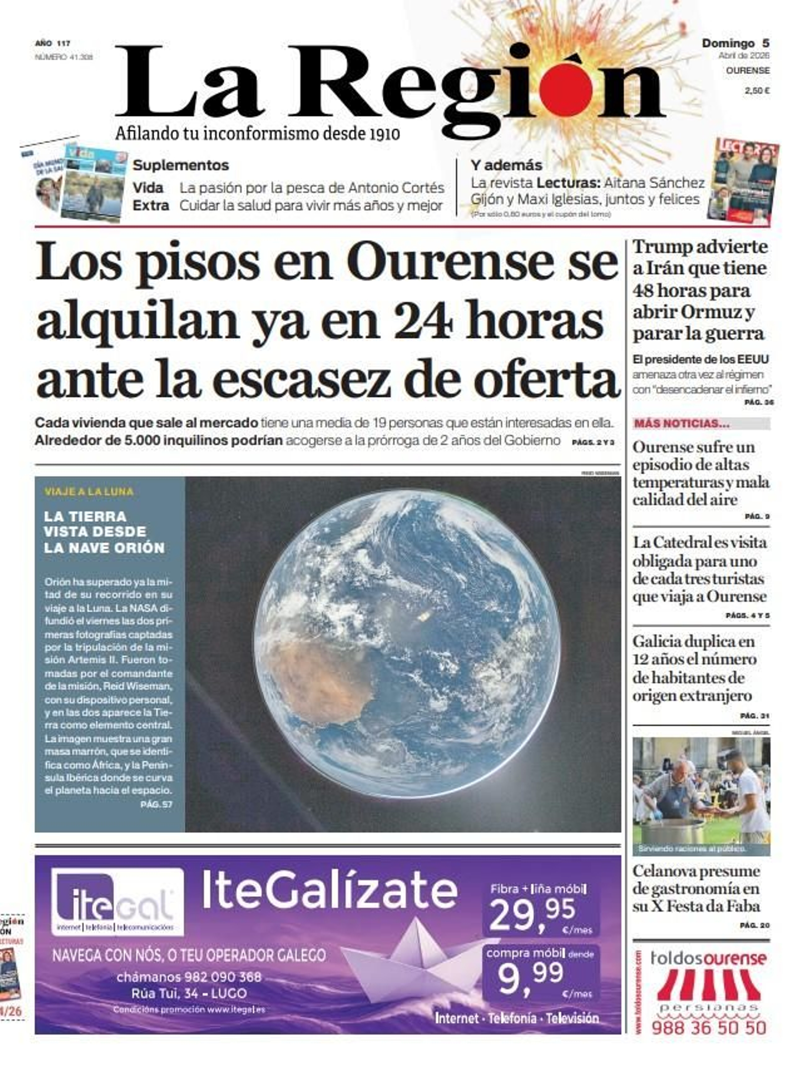 La portada de La Región de este domingo, 5 de abril.