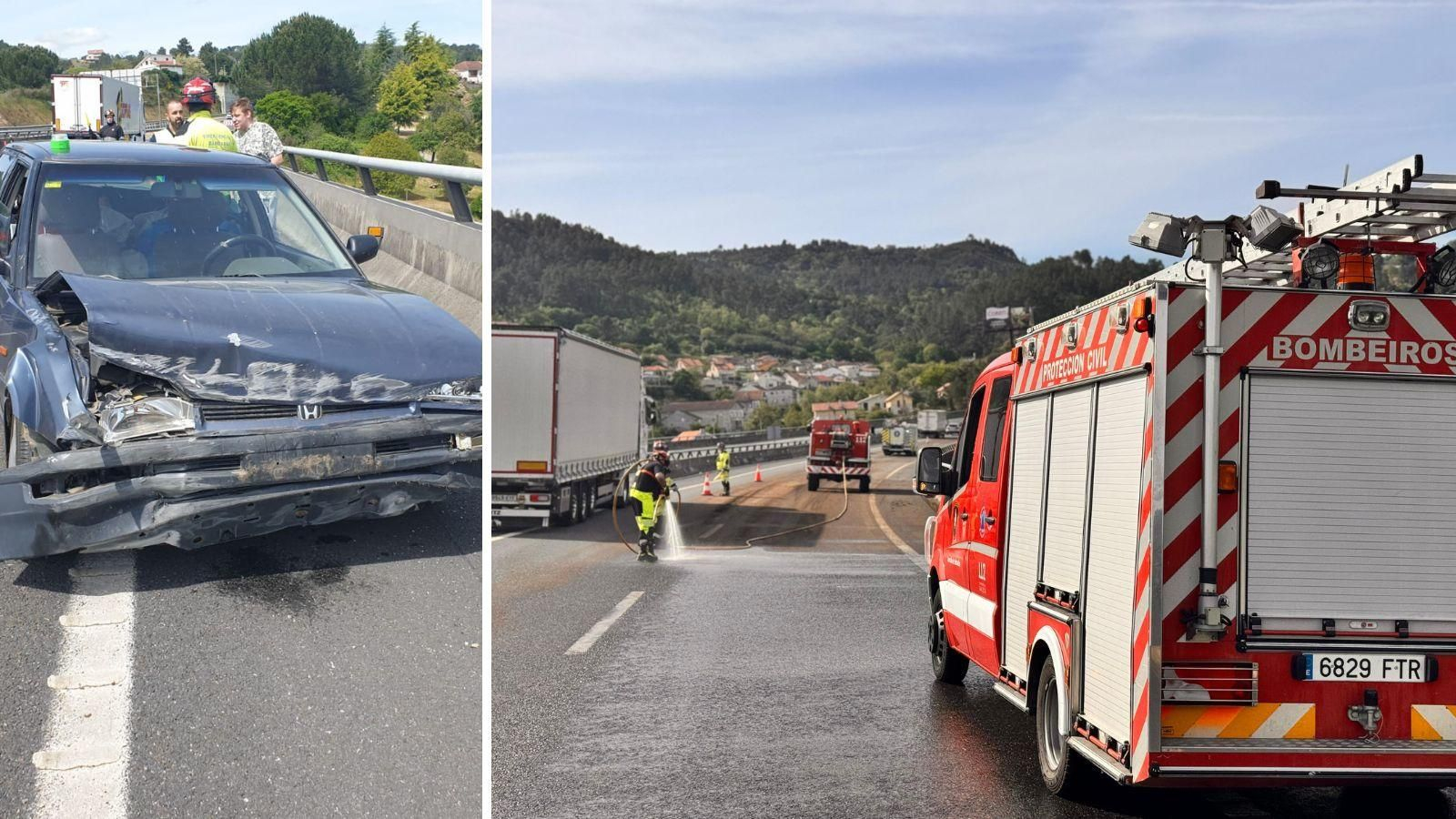 El vehículo afectado en el accidente y el pavimento repleto de purín