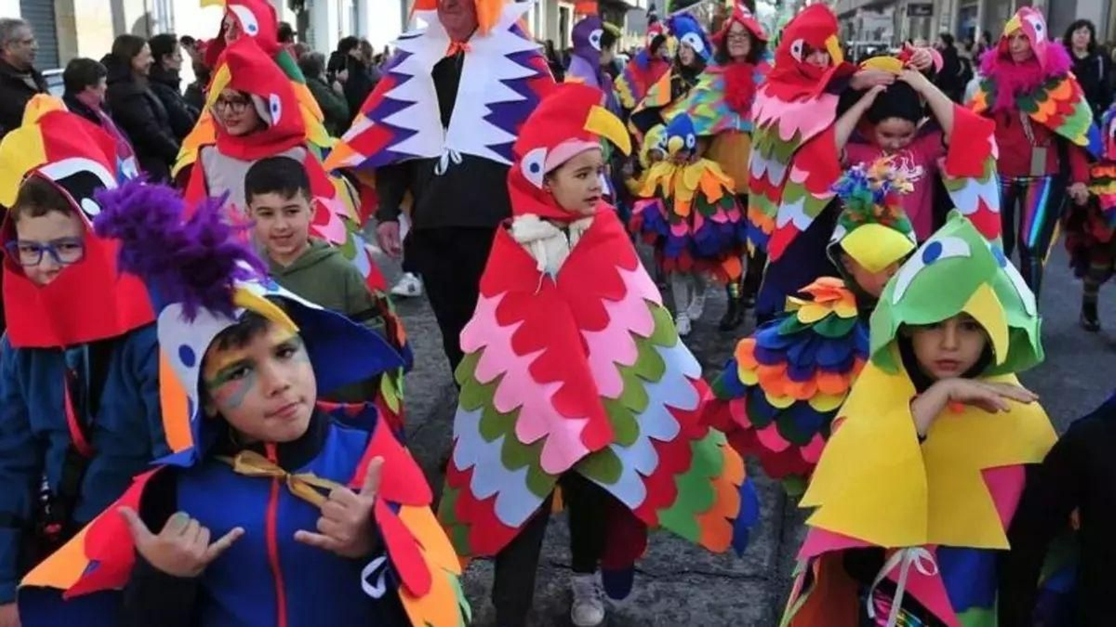 Niñas y niños participando en el Gran Desfile Infantil de Entroido de Xinzo de Limia 2024.