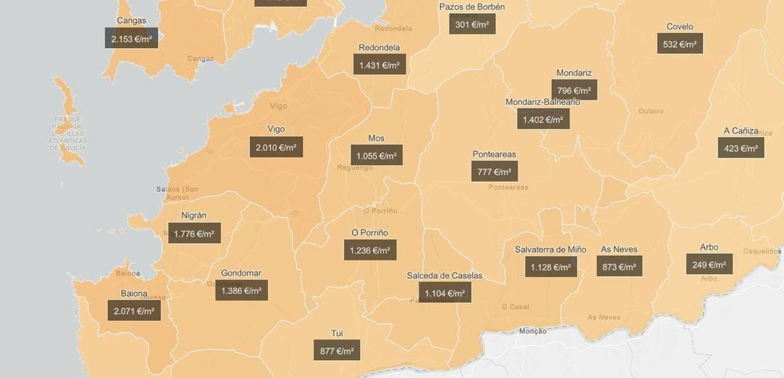El precio medio del metro en las compraventas de viviendas en Vigo y su área metropolitana.