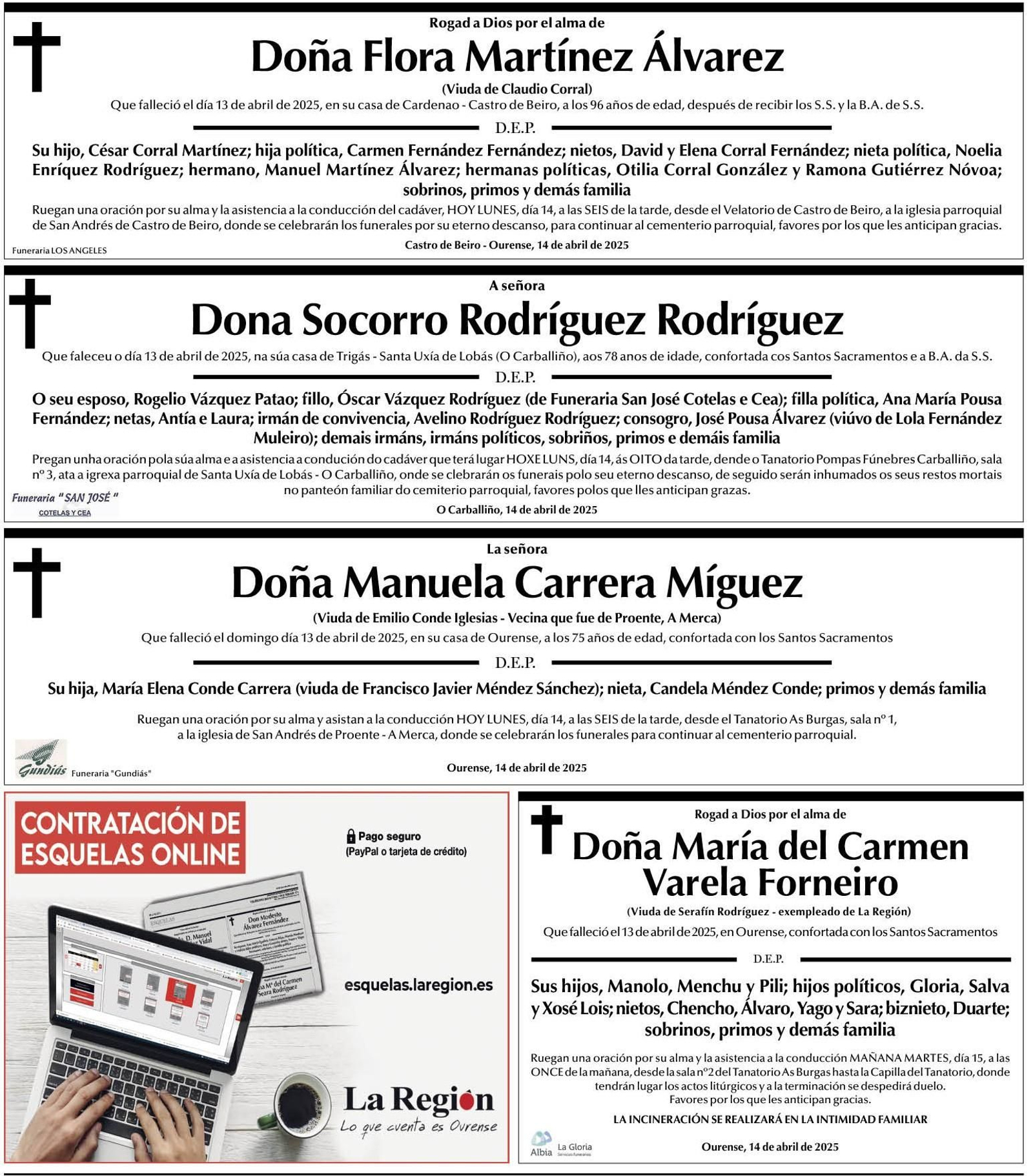 Esquelas, lunes 14 de abril