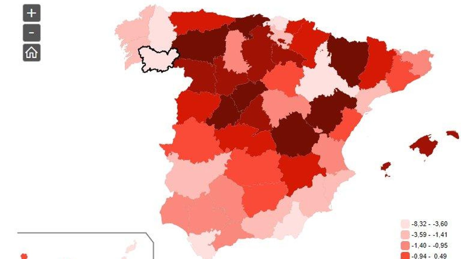 La evolución de nacimientos, en el mapa de España.