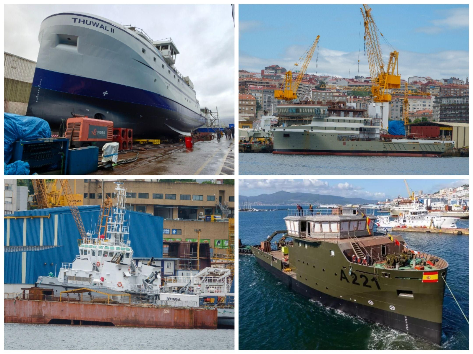 El ‘skyline’ industrial en Beiramar: oceanográfico de Freire para Emiratos Árabes, ferri de Ría de Vigo para la Polinesia Francesa, barco multipropósito de Cardama para Senegal y buque militar de Armón para Suecia.