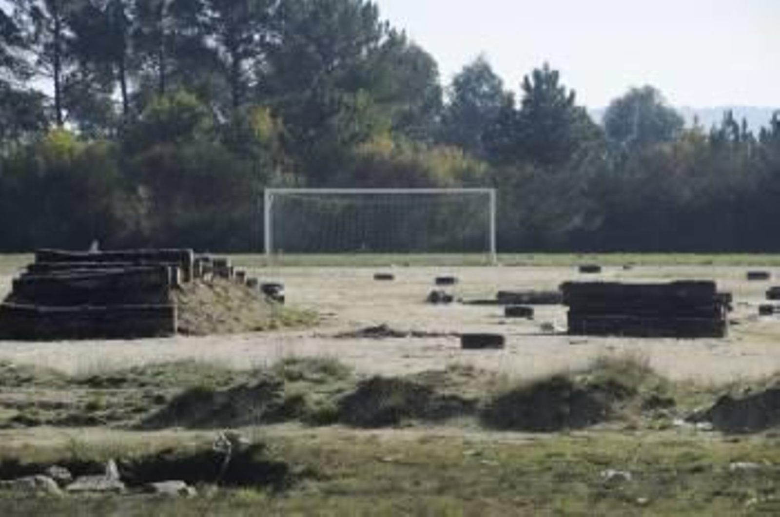 Troncos apilados frente a una de las porterías del campo de Pena Cobertoira. (Foto: MARTIÑO PINAL)