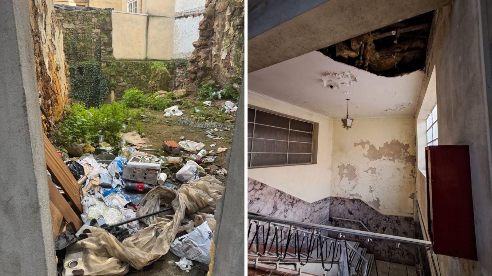 A la izquierda, Restos de basura en un solar en la Rúa de San Franscisco. A la derecha, grietas y deterioro en las Galerías Centrales.