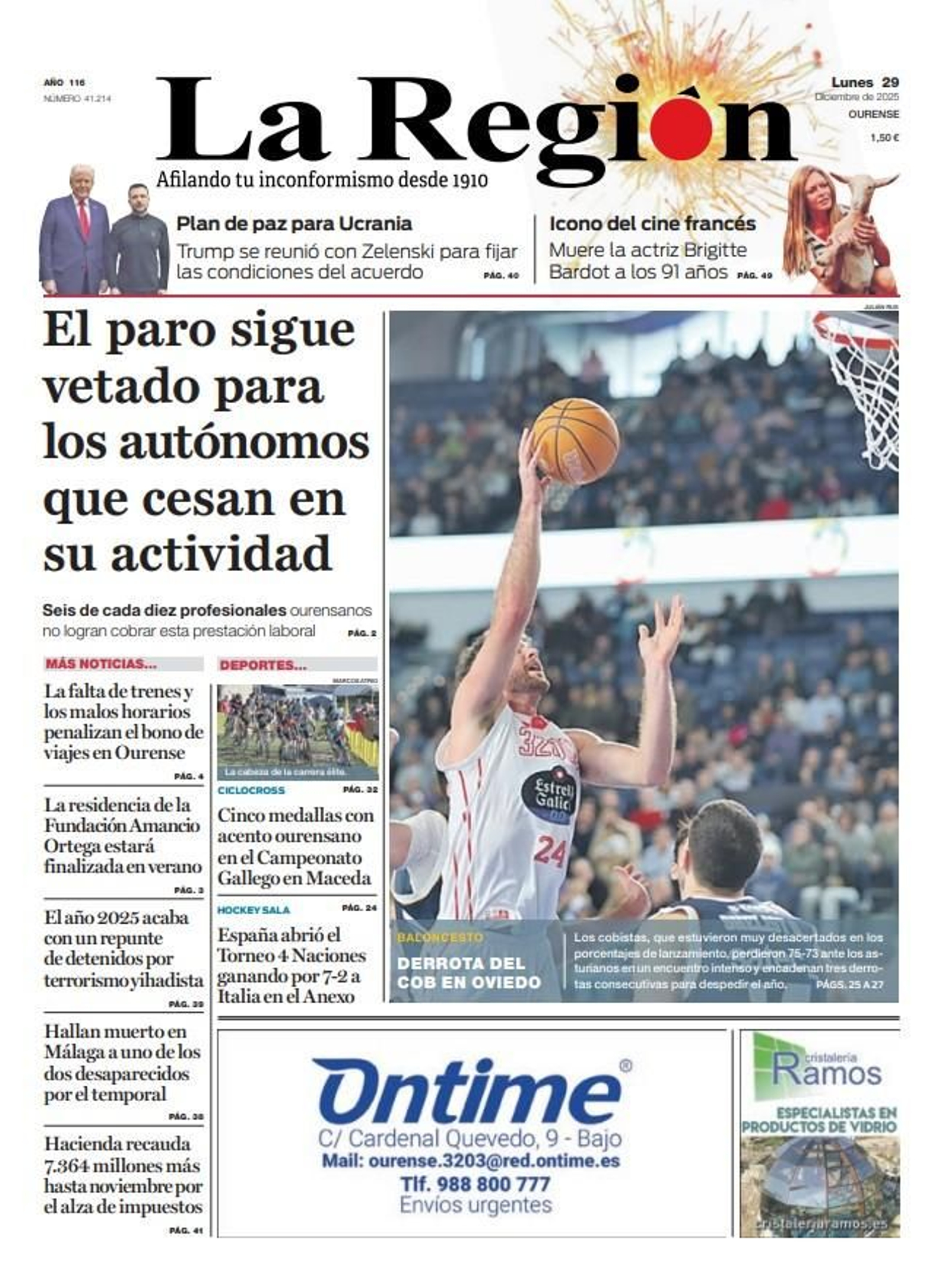 La portada de La Región de este lunes, 29 de diciembre