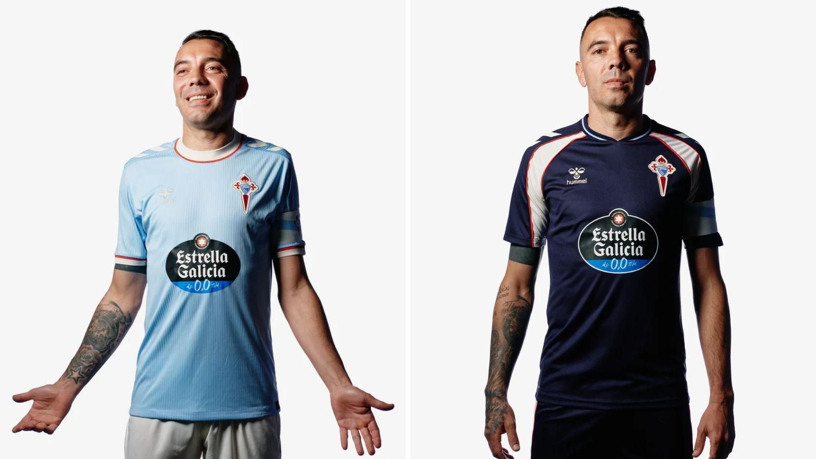 Iago Aspas posa con las nuevas equipaciones del Celta