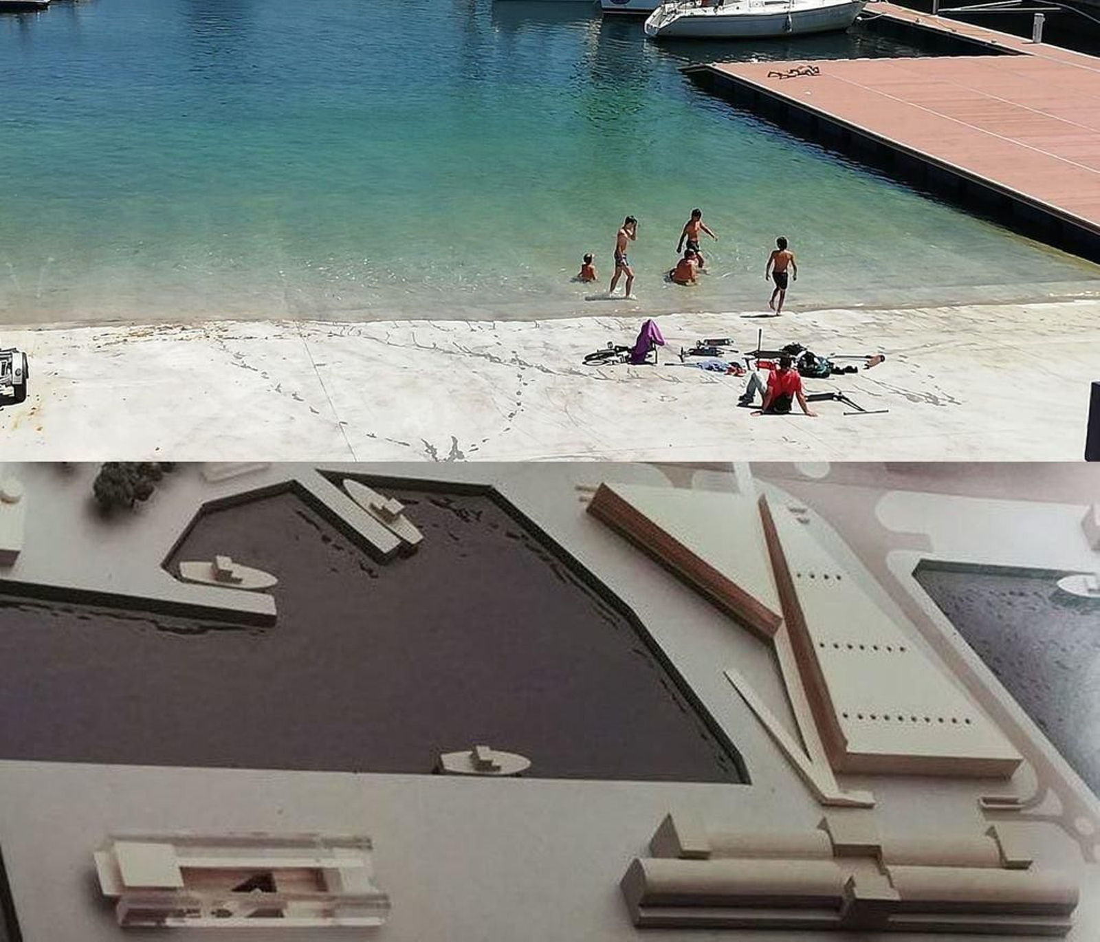 Arriba, la "piscina marina" existente, abajo el acuario anulado.