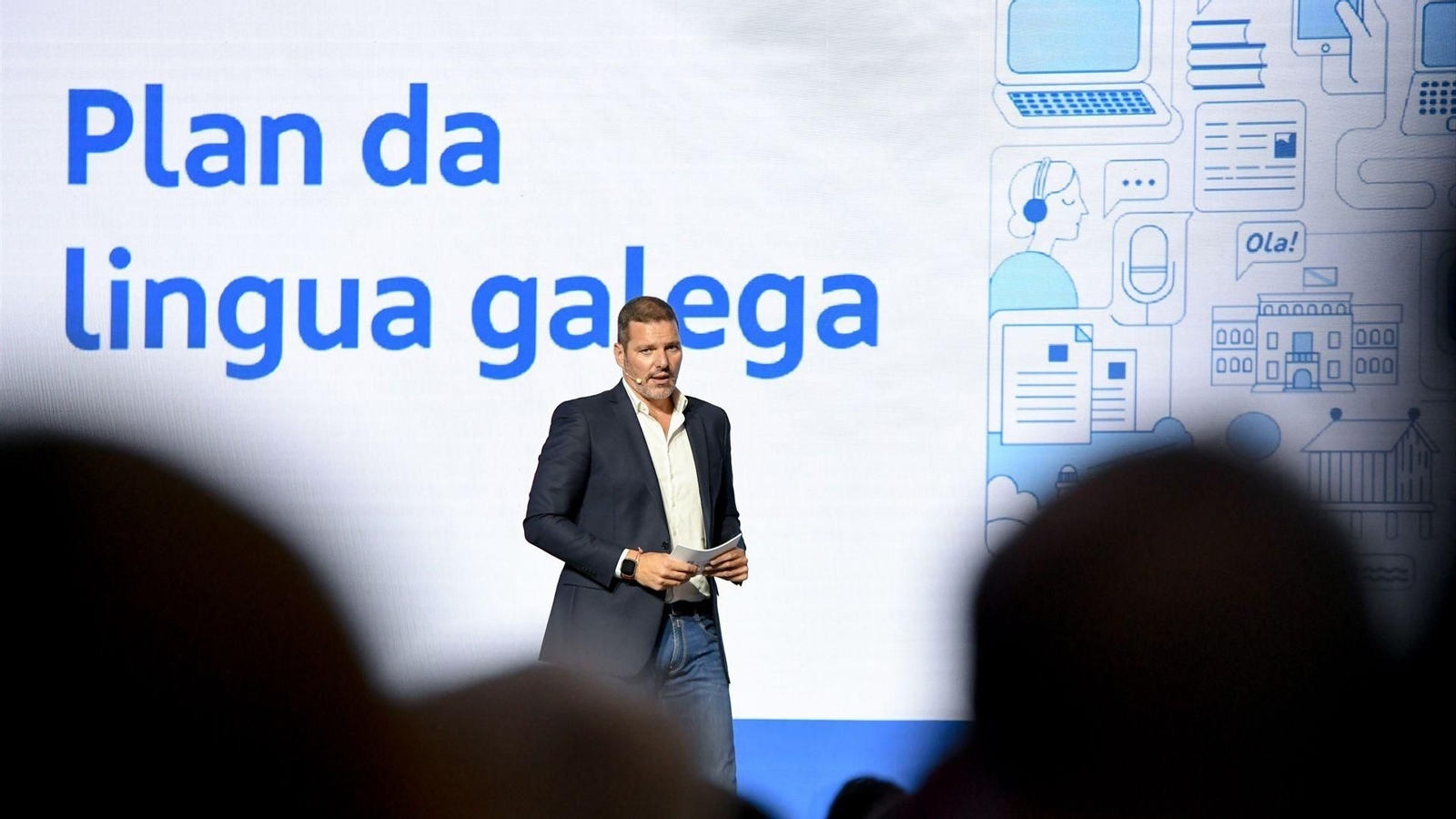 El conselleiro de Cultura, Lingua e Xuventude, López Campos, en la presentación del Plan Xeral de Normalización da Lingua Galega, a 15 de julio de 2026.