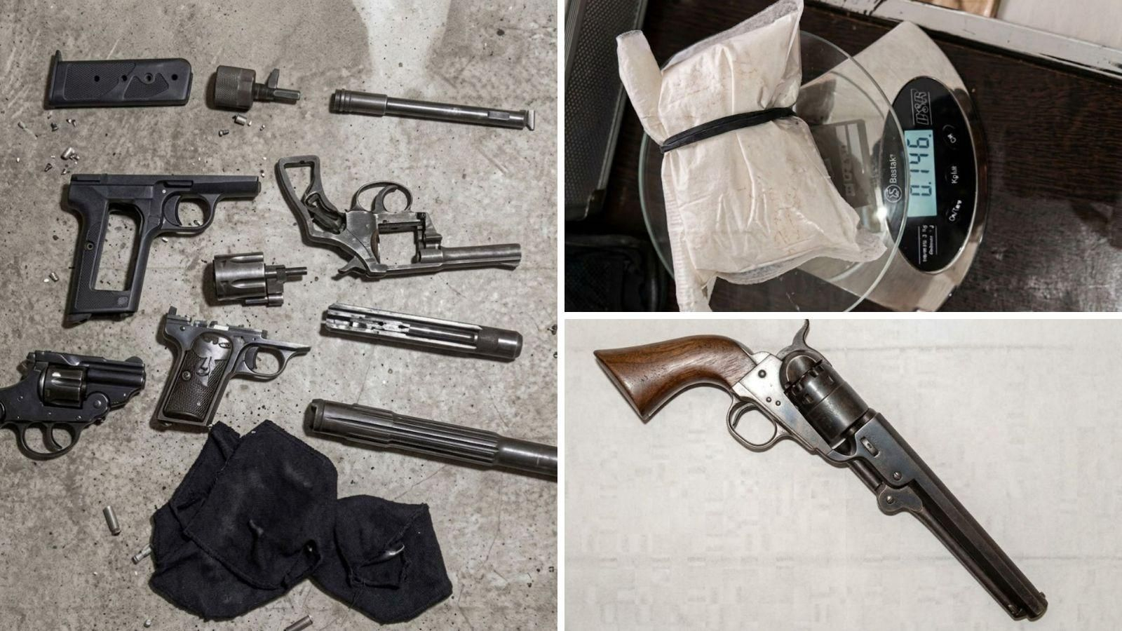 Armazones de pistolas intervenidos, bolsa de 146 gramos de cocaína y el revólver por el que está acusado porque no tenía licencia.