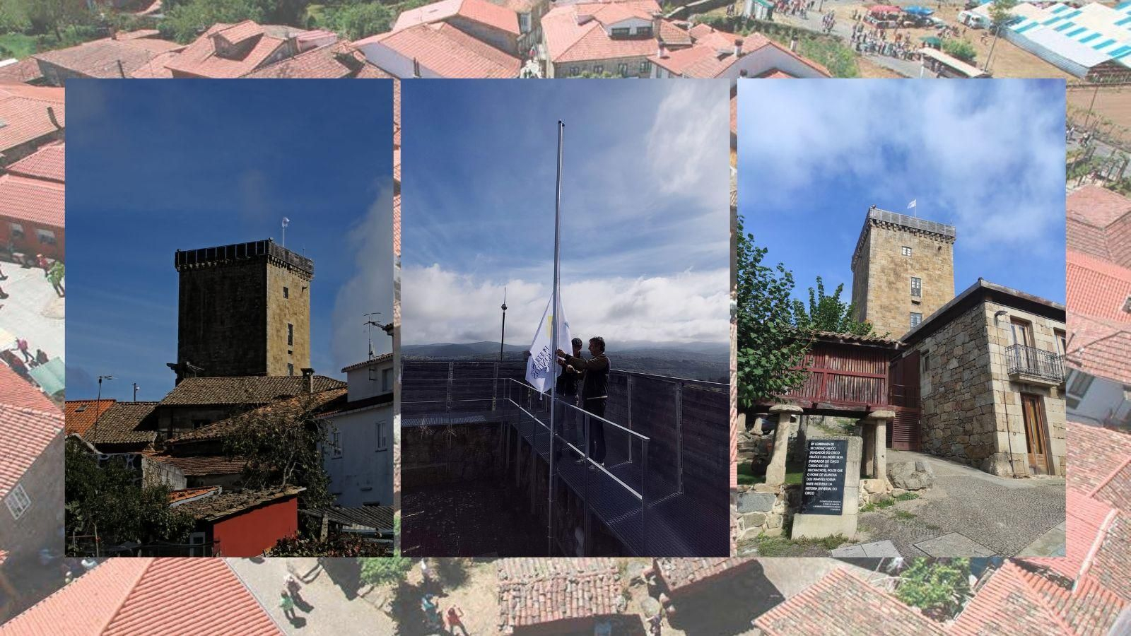 La bandera de Los Pueblos Más Bonitos de España en Vilanova dos Infantes.