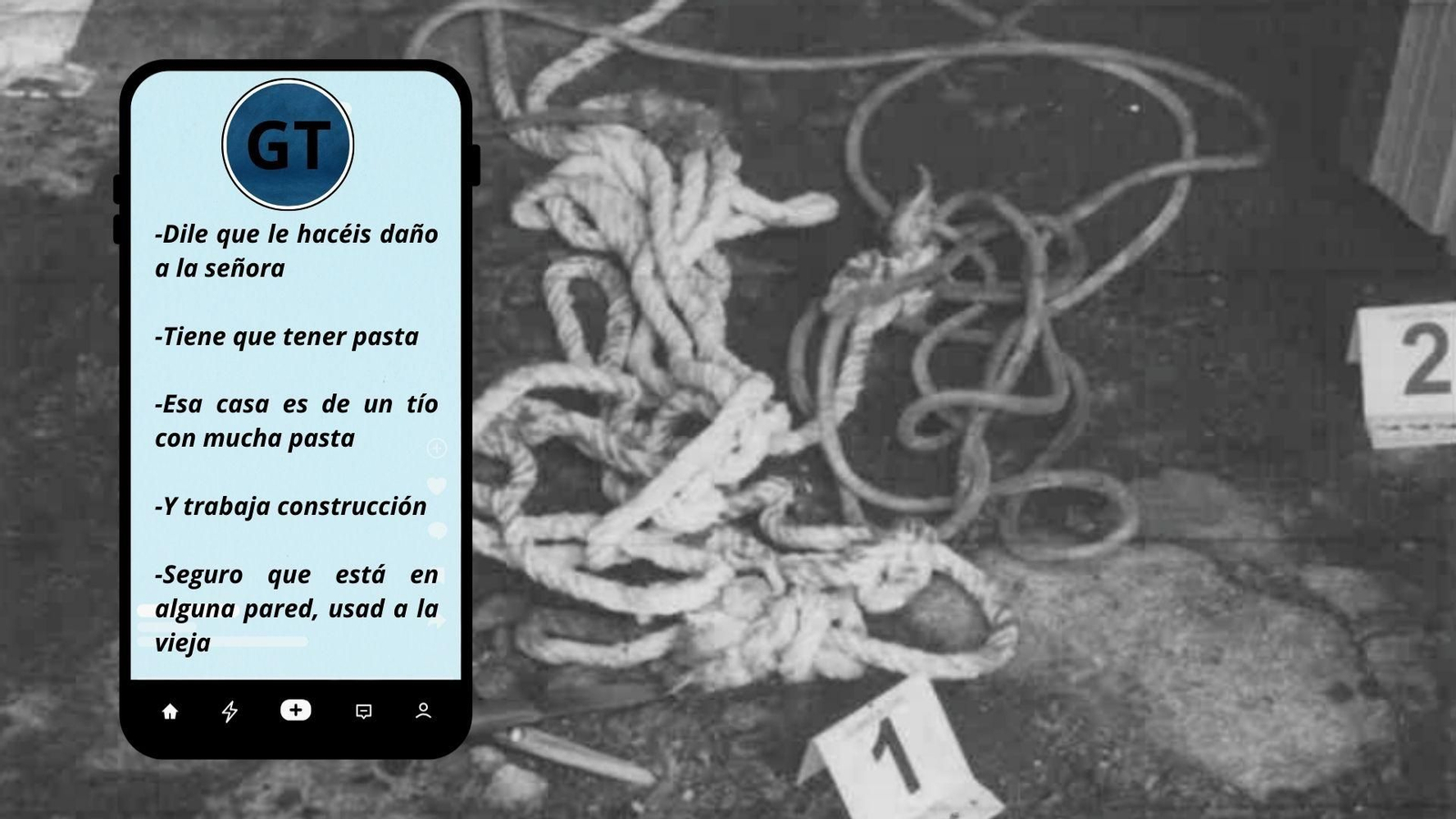 Los mensajes que, según Petrica, le envió Jorge Luis G.Y., el informático de Xinzo, sobreimpresos sobre la cuerda con la que ataron a la víctima.