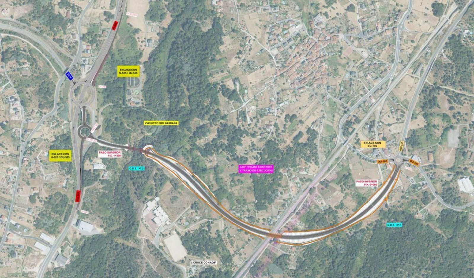 Plano del nuevo vial. A la derecha, inicio del ramal a su paso por la OU-105 en Benposta; a la izquierda, tras 1,5 km de recorrido, enlaza con la rotonda de acceso a la A-52 en plena N-525.