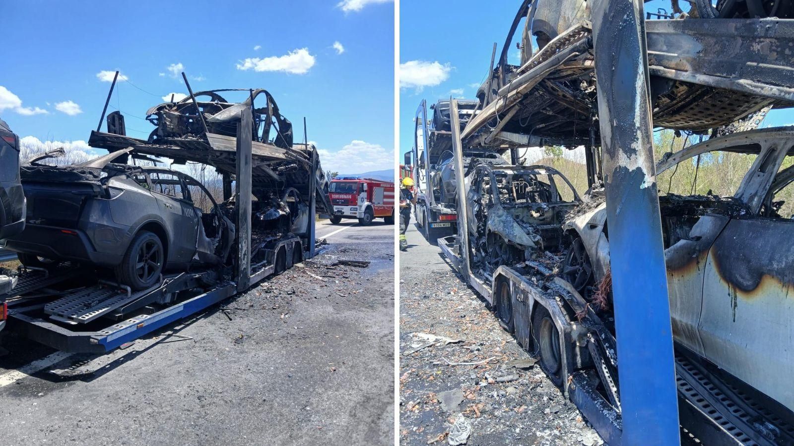 Estado de los vehículos transportados por el camión una vez que el incendio fue sofocado