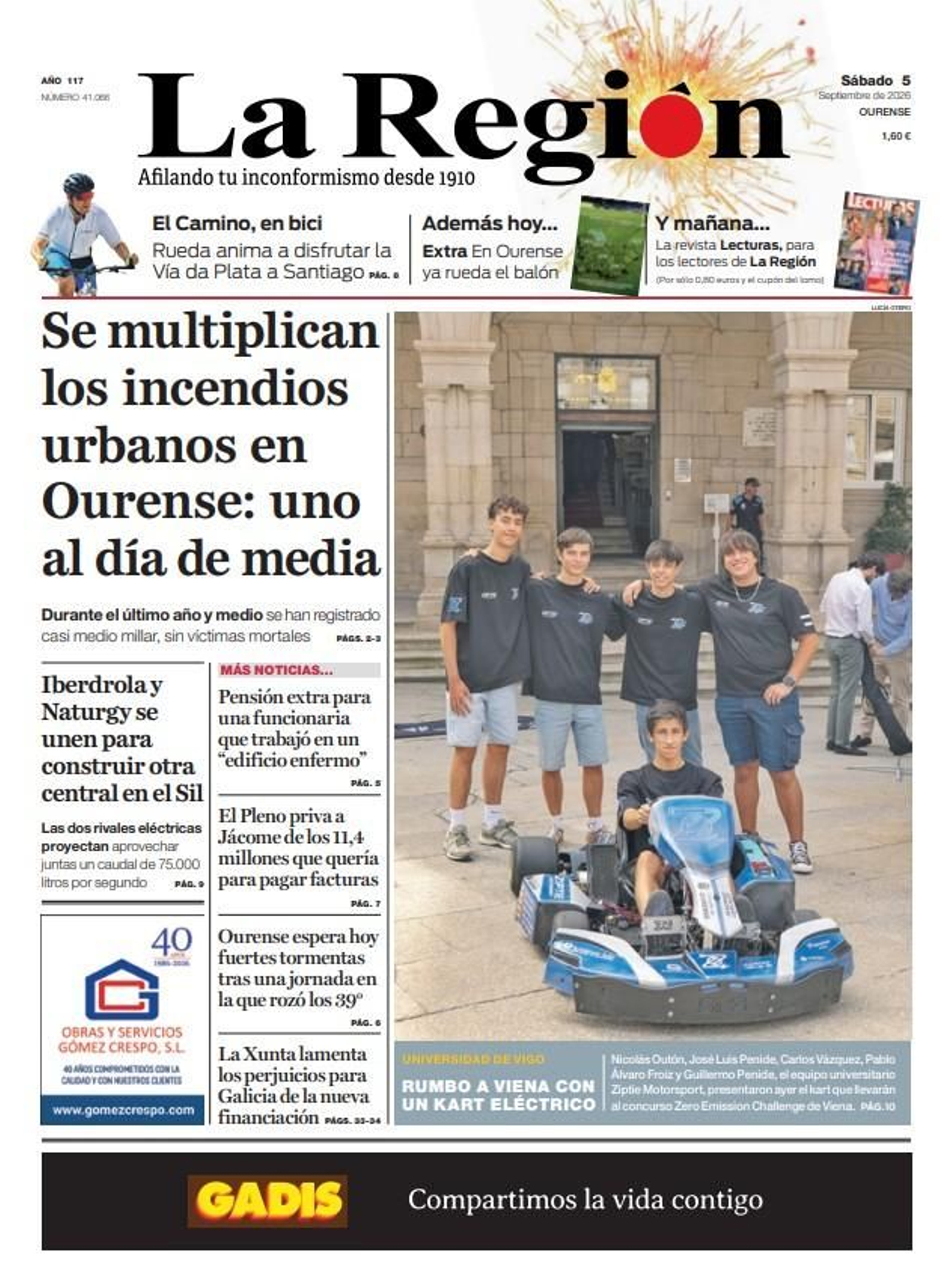 La portada de La Región de este sábado, 5 de septiembre.