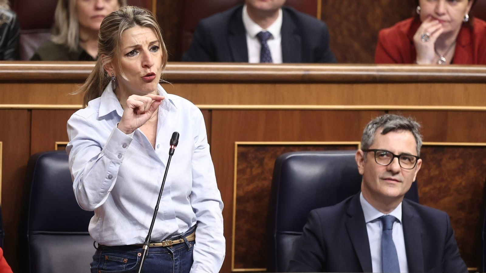 La vicepresidenta segunda y ministra de Trabajo y Economía Social, Yolanda Díaz en la sesión de control al Gobierno este miércoles.