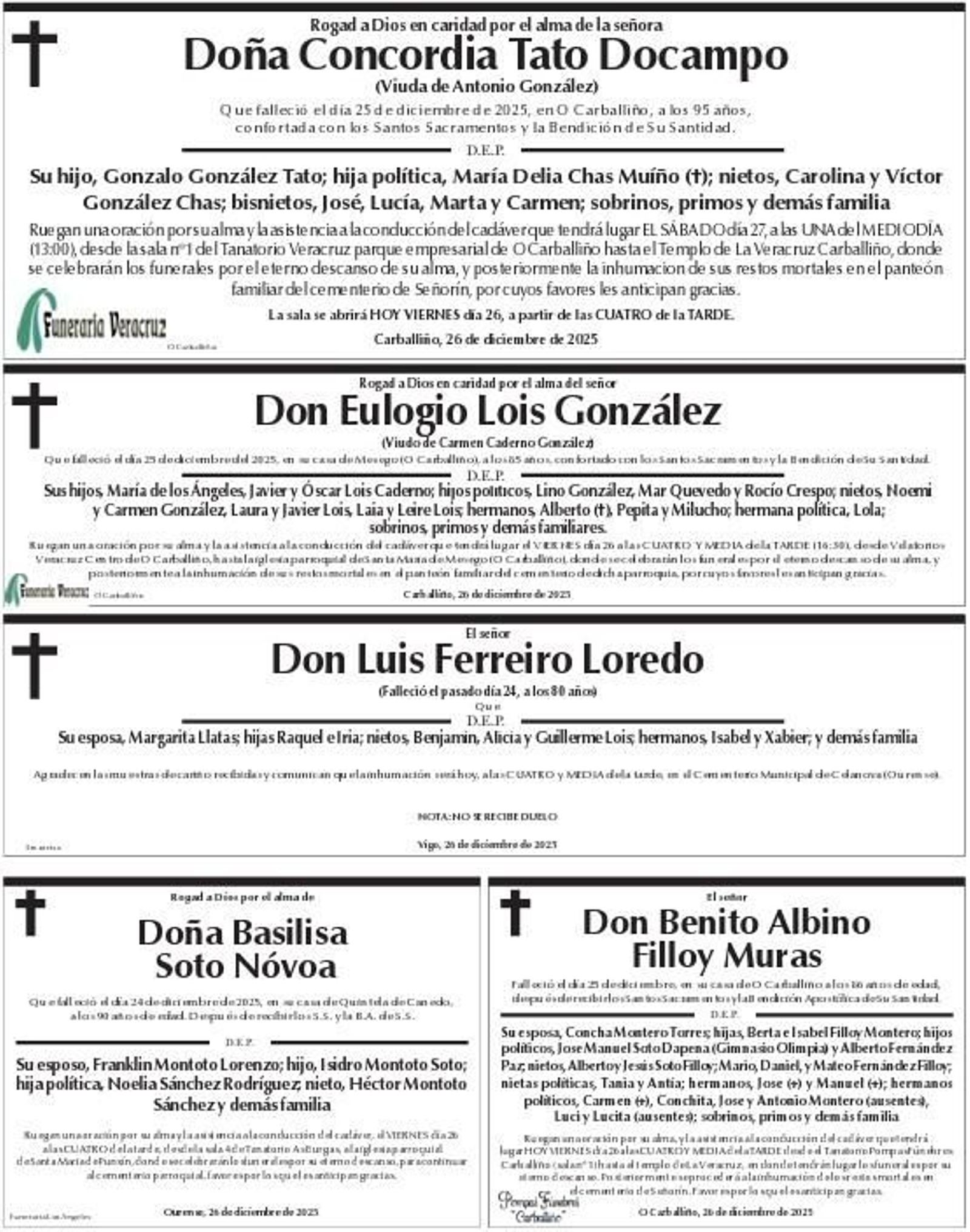 Esquelas viernes 26 de diciembre