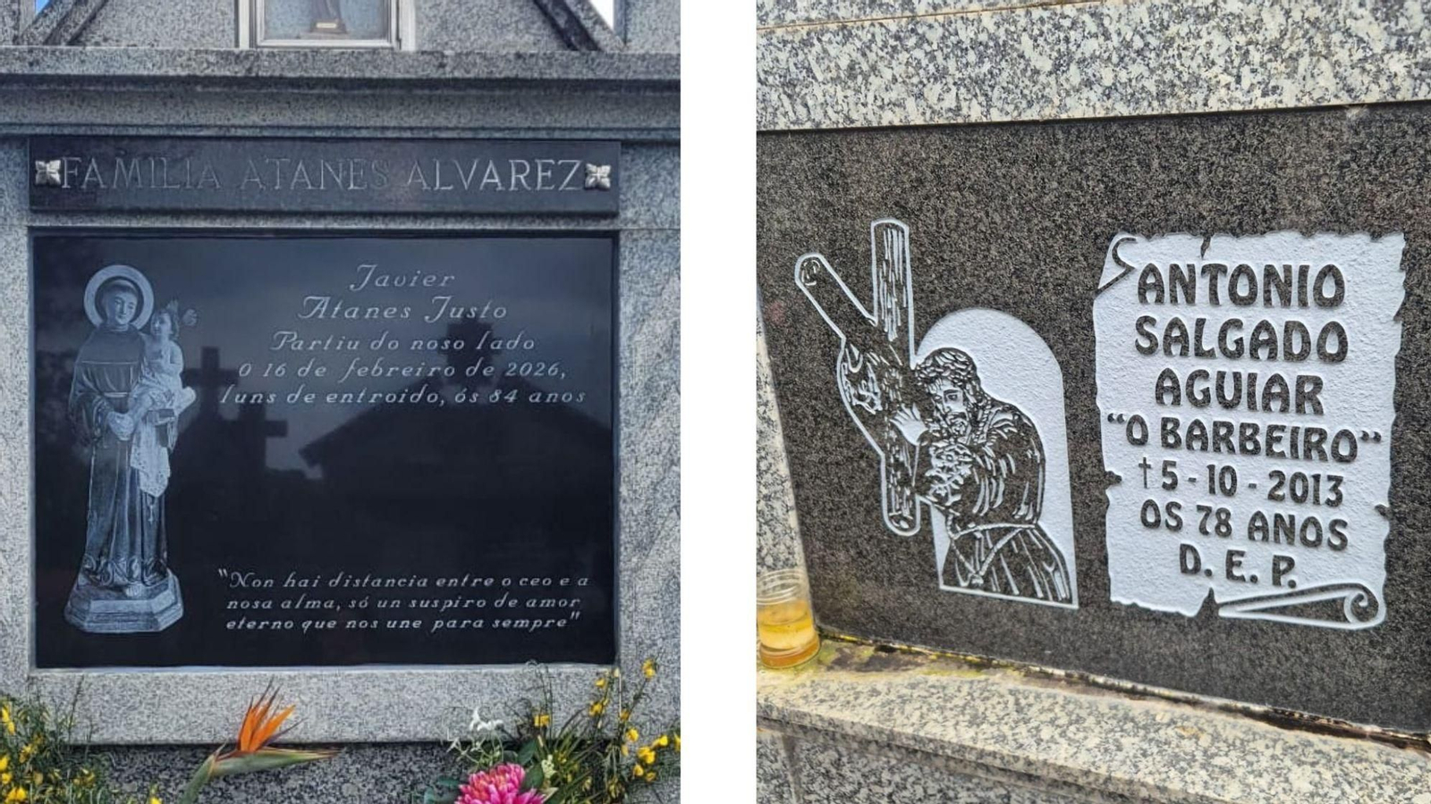 Dúas lápidas gravadas en lingua galega que se atopan no cemiterio do núcleo de Cualedro.