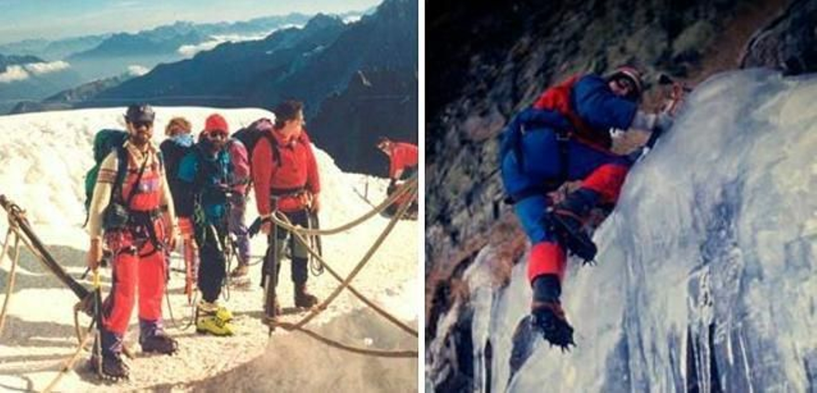 A la izquierda, tres alpinistas en el túnel de acceso al Aiguille du Midi en el Mont Blanc. A la derecha, Kiko Valencia escalando las cascadas de hielo de Picón.