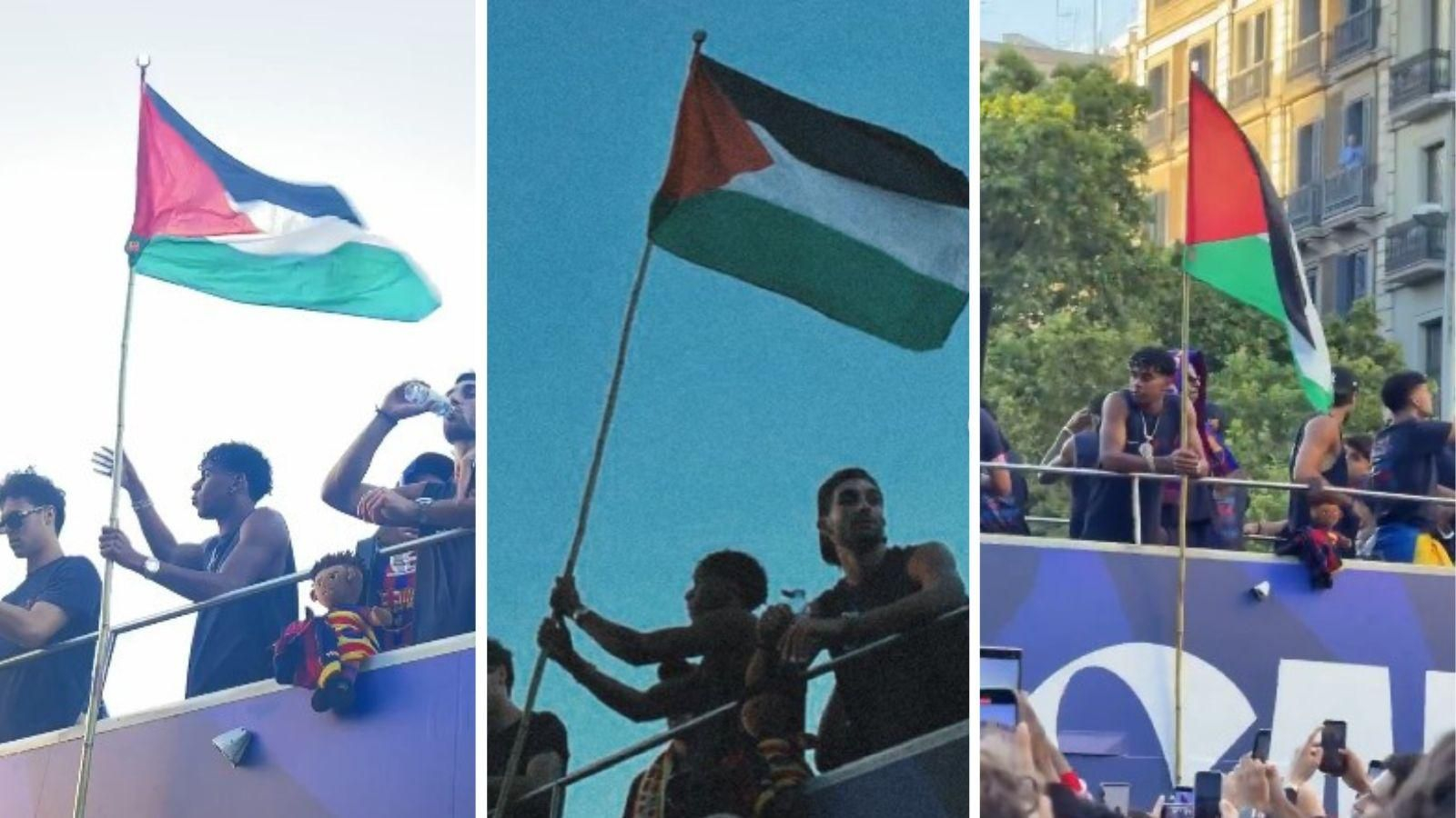Lamine Yamal, durante la rúa de celebración del título de La Liga del FC Barcelona, ondeando una bandera palestina desde lo alto del autobús.