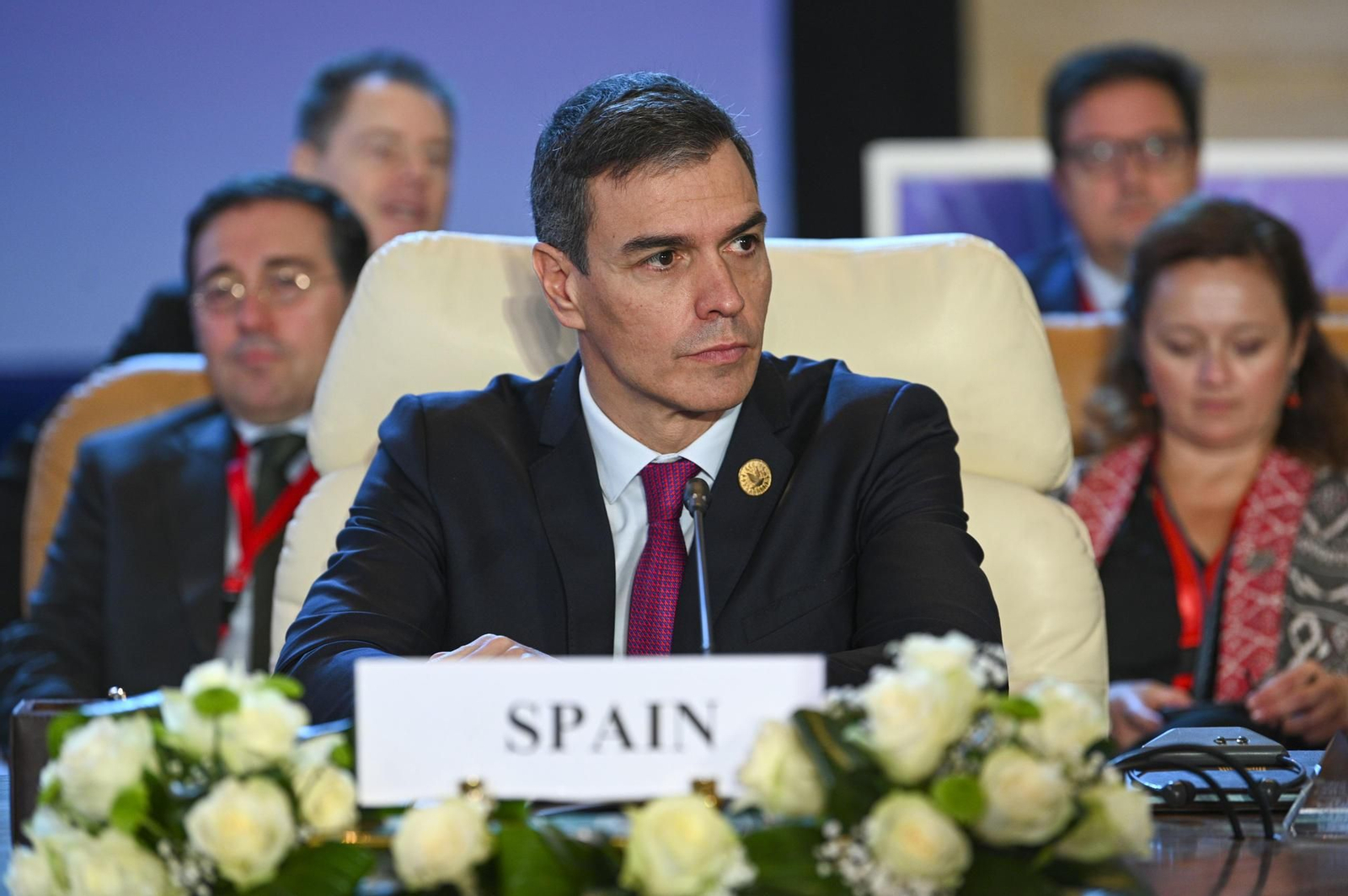 El presidente del Gobierno en funciones, Pedro Sánchez, interviene en la Cumbre de 'El Cairo para la paz', en Egipto. // EFE