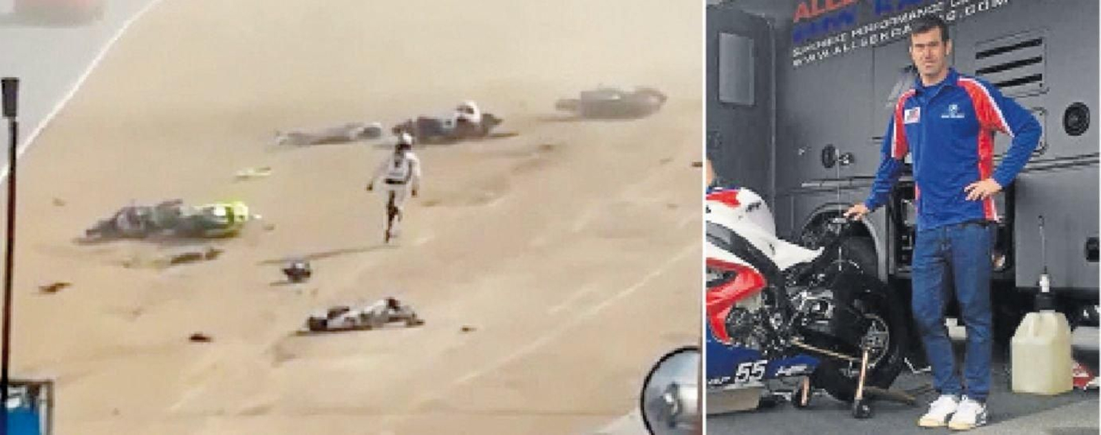 Imagen del accidente en Laguna Seca con varios pilotos en el suelo tras la colisión. A la derecha, Dani Rivas, horas antes del fatal accidente en California.
