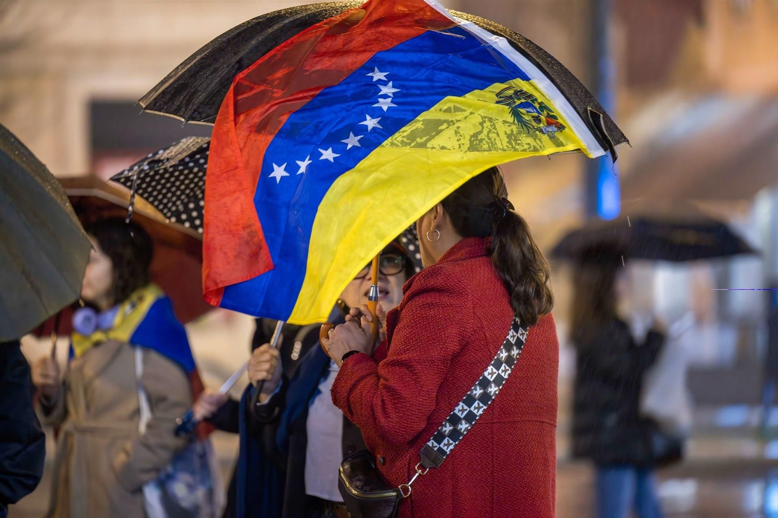 Una mujer porta una bandera de Venezuela